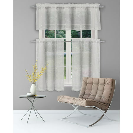 Sheer 3 Piece Window Curtain Set with Metallic Leaves and Branches Design, One Valance, Two Tiers 36