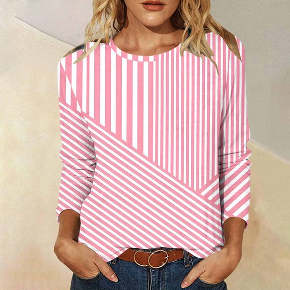Josdec Women's Floral Print Long Sleeve Shirts Round Neck Casual Basic Tee Dressy Stretch All Season Loose Blouse Tops S-5XL