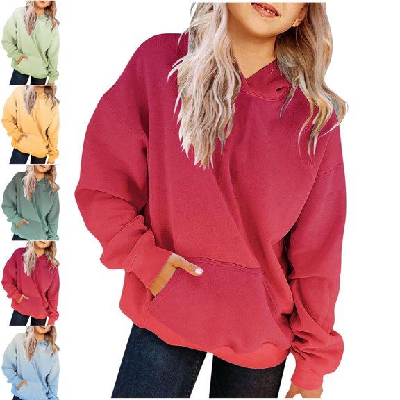 WAVSUF Girls Hoodie, Loose Fit with Pockets Long Sleeve Fall Casual Sweatshirts Red 7-8