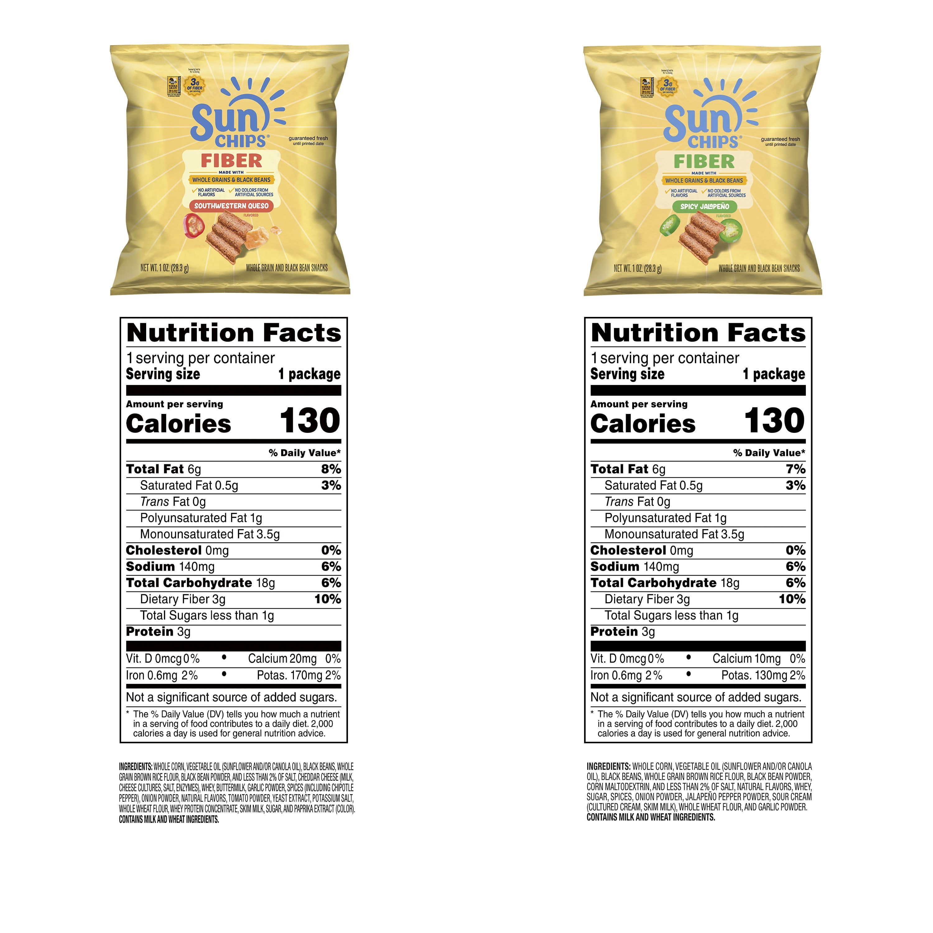 SunChips Whole Grains and Black Bean Fiber Snacks Variety pack, Spicy Jalapeno and Southwestern Queso (21 count)
