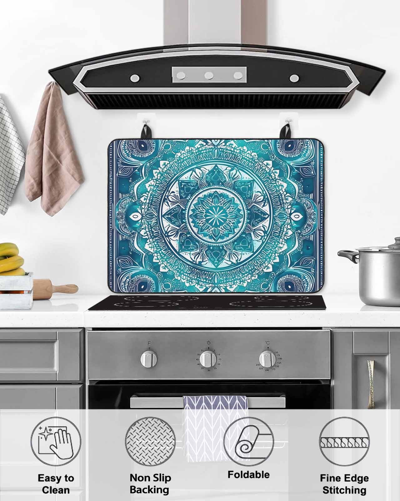 nqOlkjepod Large Induction Cooktop Protector Mat 24"x21", Turquoise Boho Stove Top Covers for Electric Stove, Vintage Country Ethnic Abstract Motifs Stove Burner Cover Mats, Glass Top Stove Cover