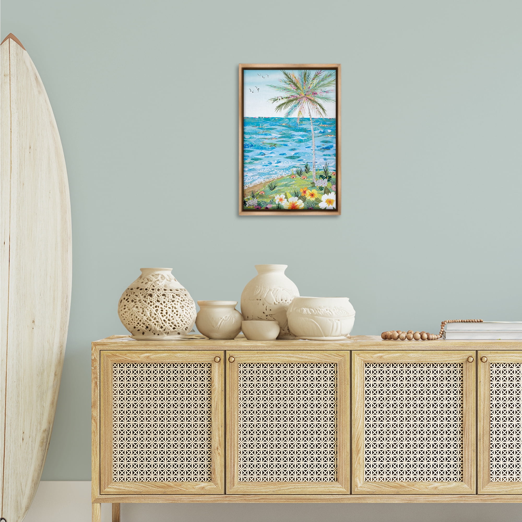 Stupell Industries Collaged Tropical Landscape Landscape Painting Brown Floater Framed Canvas Art Print Wall Art, 17 x 25