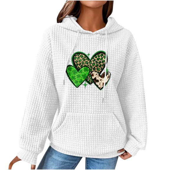 Women's Waffle Sweatshirts St. Patrick's Day Letter Graphic Print Drawstring Casual Loose Pullover Hoodies with Pockets(White,XL)