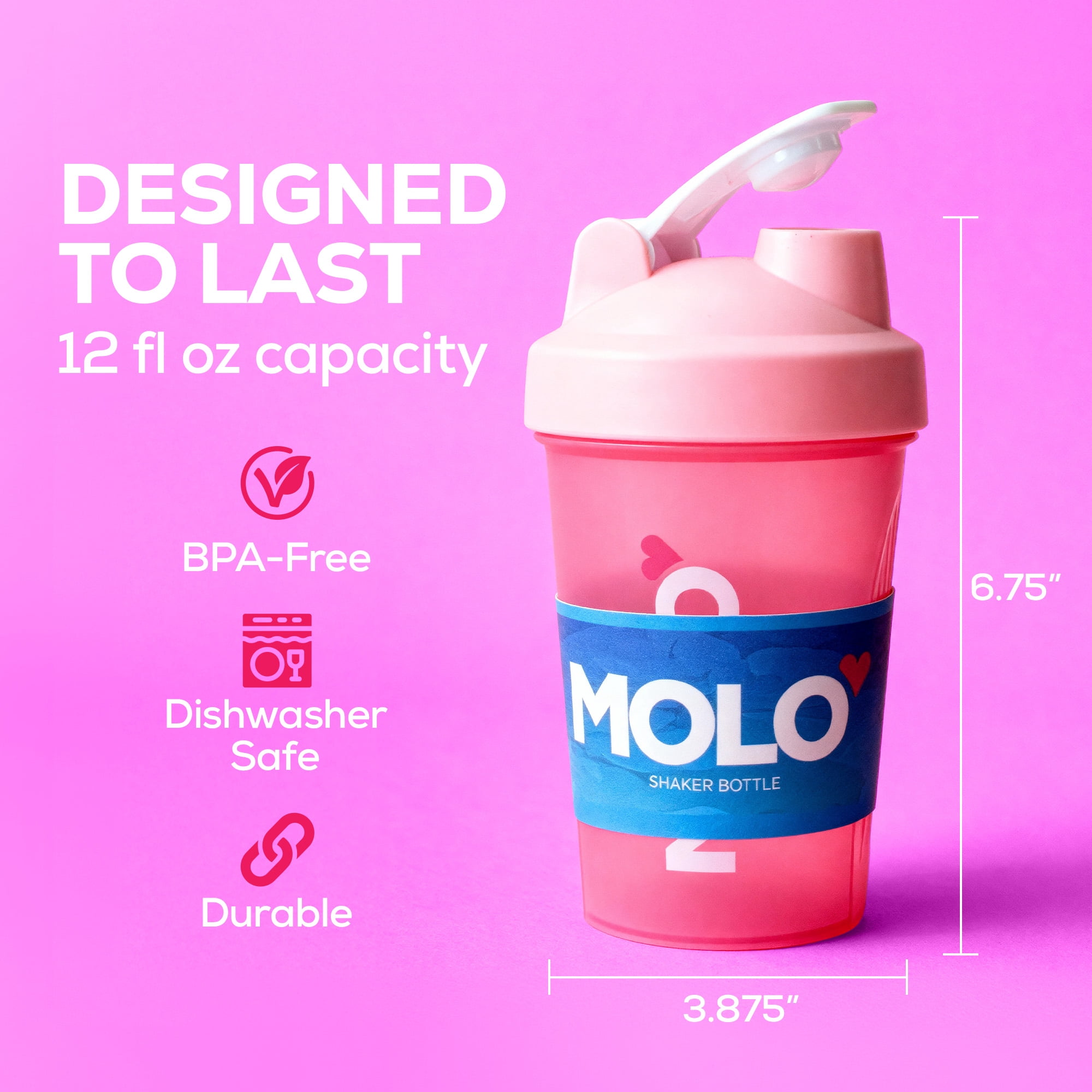 Molo 12 oz Shaker Bottle with Stainless Steel Whisk Blender Ball, BPA and Phthalate Free, Dishwasher Safe, Leak Proof Lid, For Protein, Pre Workout, & Other Supplements (Pink)