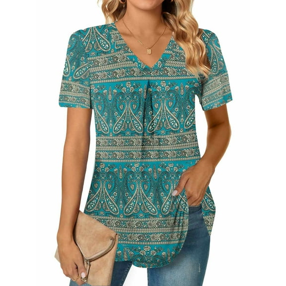 MOSHU T-shirts for Women Pleated Printed Short Sleeve Tunice Tops V Neck Summer Womens Shirts