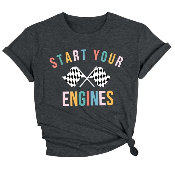 WEIWEN Start Your Engines Tshirts Shirts for Women Checkered Flag Racing T Shirts Raceday Casual Unisex Short Sleeve Tees Tops Dark Gray Size XXL