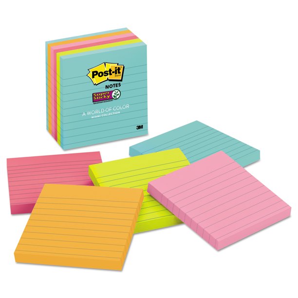 Postit Notes Super Sticky Pads in Miami Colors, Lined, 4 x 4, 90/Pad