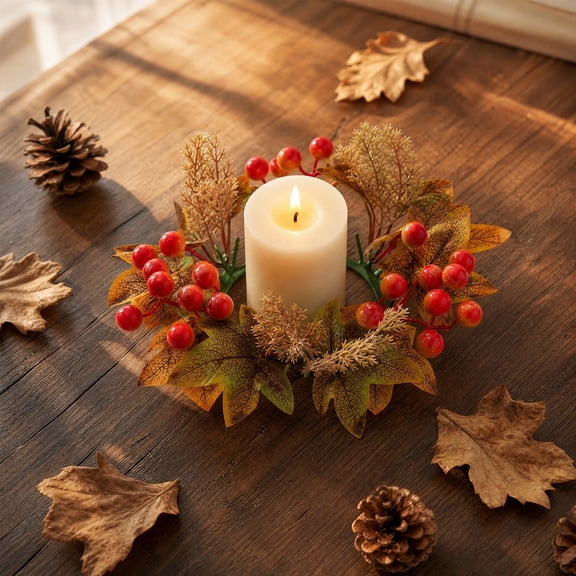 Dongrere Autumn Candle Ring with Maple Leaf Red Berry, Artificial Small Wreath, Ring Holder for Thanksgiving Wedding Tabletop Decor