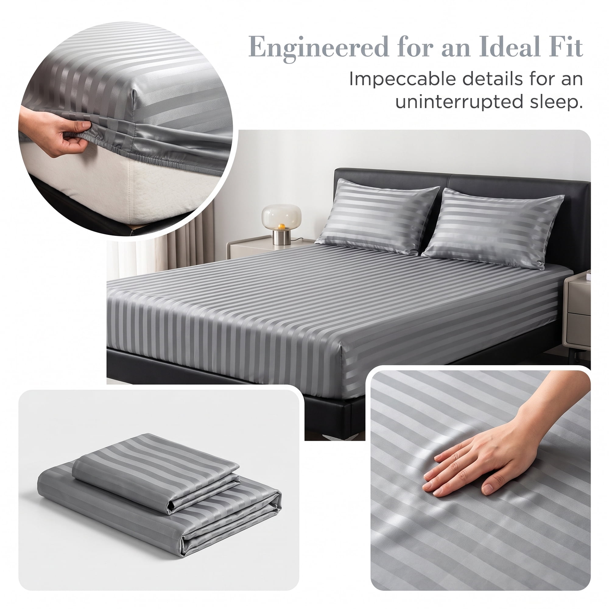Unique Bargains Fitted Polyester Satin Strip Bed Sheets Wear Resistant 39.0"x74.8" Grey