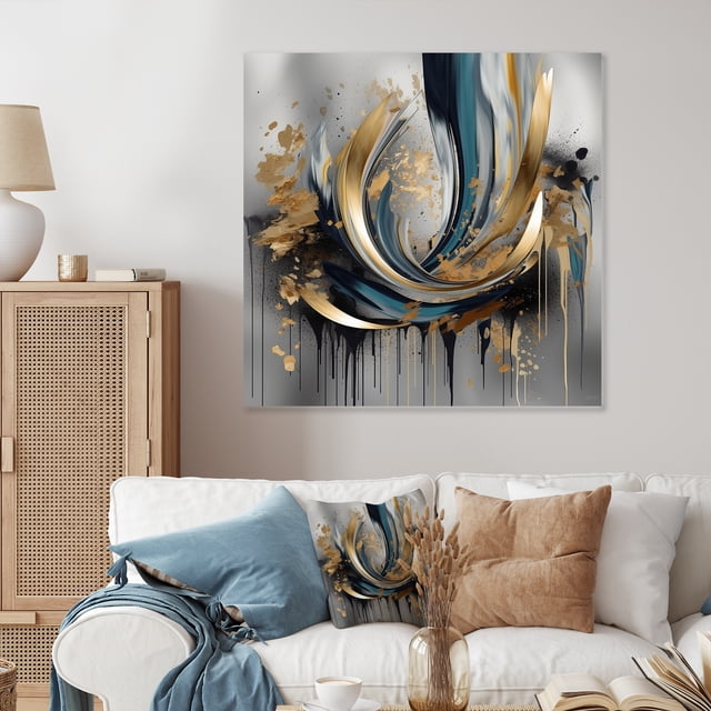 Designart "Infinity Lines and Abstract Shapes IV" Abstract Shapes Metal Wall Art, Gold Metal Wall Decor, Modern Metal Art Decor For Hallway - 16x16 Inch