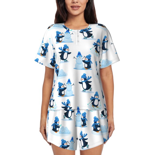 Fotbe Penguin Winter Fun Conjunto de Pijama Estampado para Mujer, 2 Piezas, Ropa de Dormir con Camiseta de Manga Corta y Shorts Suaves-3X-Large