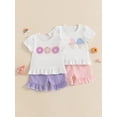 thumbnail image 3 of BemeyourBBs Toddler Baby Girl Summer Clothes Infant Baby Girls 2 Pieces Outfit Ice Cream Embroidery Short Sleeve T Shirt Tops Plaid Print Ruffled Shorts Set, 3 of 9