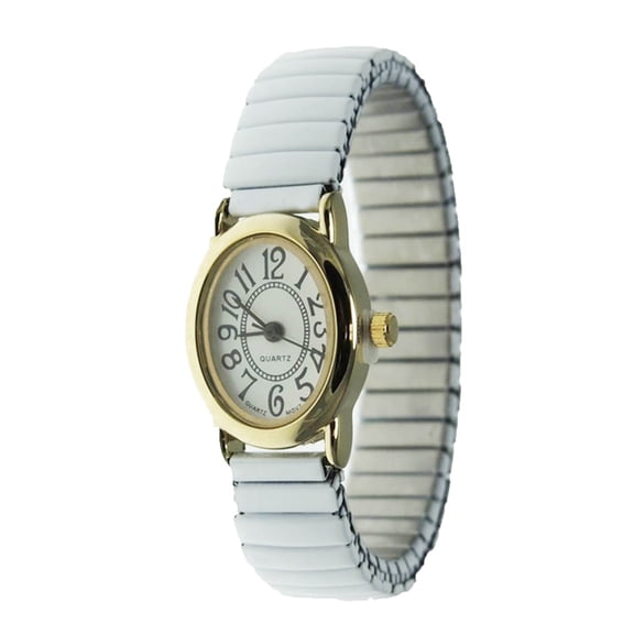 LINEL Women's Gold Oval Dial Watch White Stretch Band Easy Read Dial Expansion Band Wristwatch
