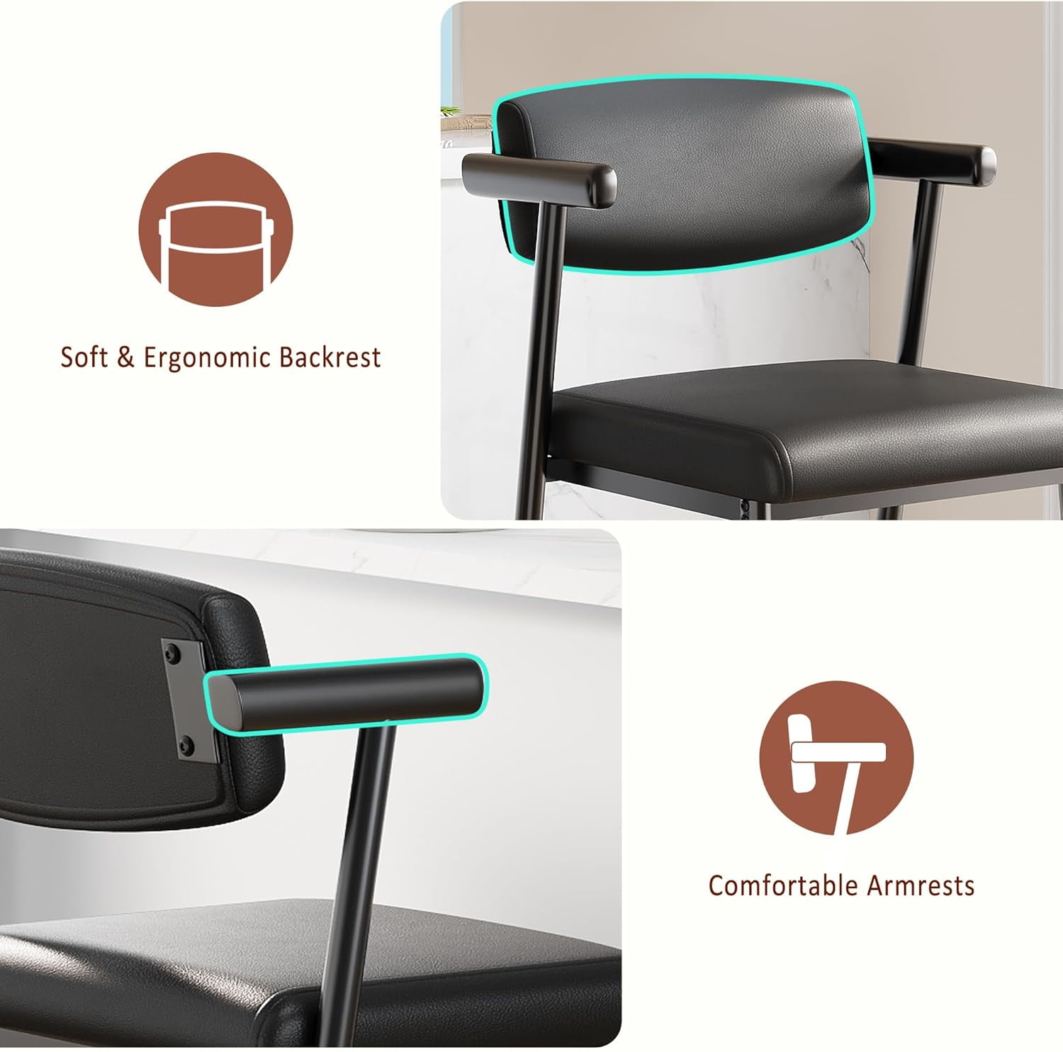 26'' Bar Stools Set of 4, Modern Counter Height Bar Stools with Arms & Backs, Kitchen Island Chairs, Leather Upholstered Barstools with Durable Rustic Black Metal Frame/Black Leather