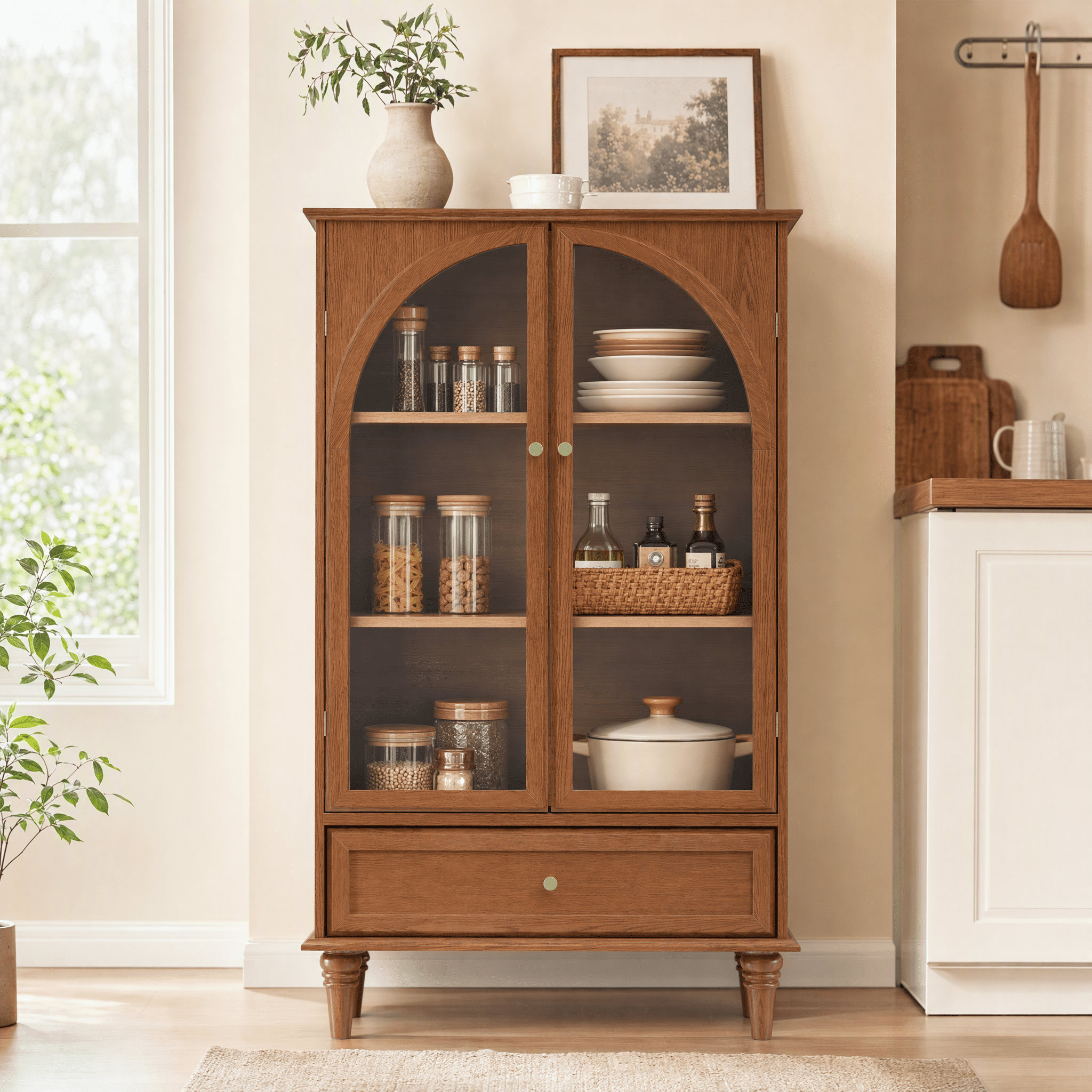 Garitin Display Cabinet and Sideboard 52.4 Inch, Farmhouse Arched Glass Door Storage with Adjustable Shelves and Drawer for Living Room Dining Room, Walnut