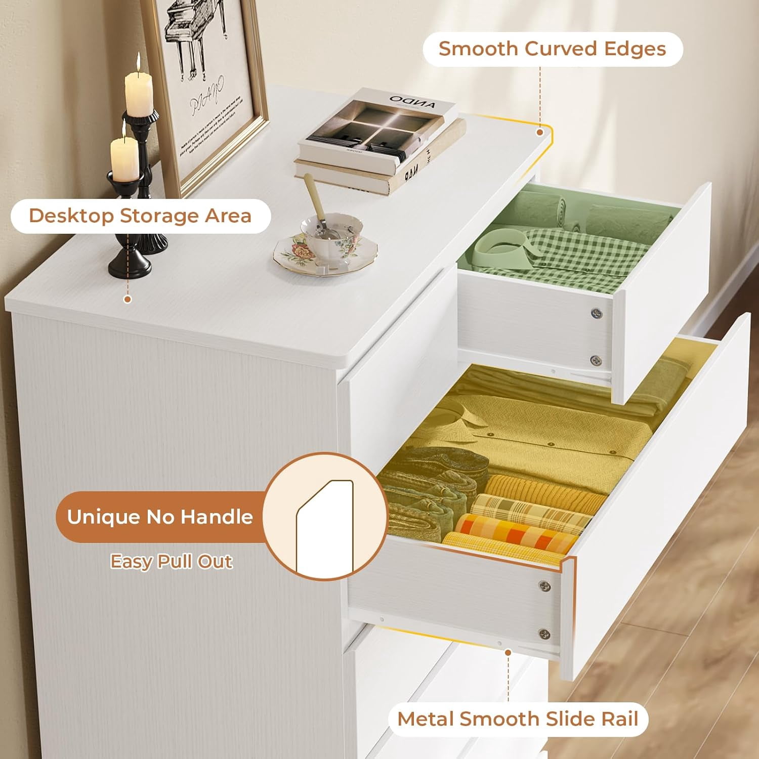 White Tall Dresser with 6 Drawers Dresser & Storage Cabinet for Bedroom, Modern Wood Chests of Drawers & Closet Organizer for Living Room Hallway