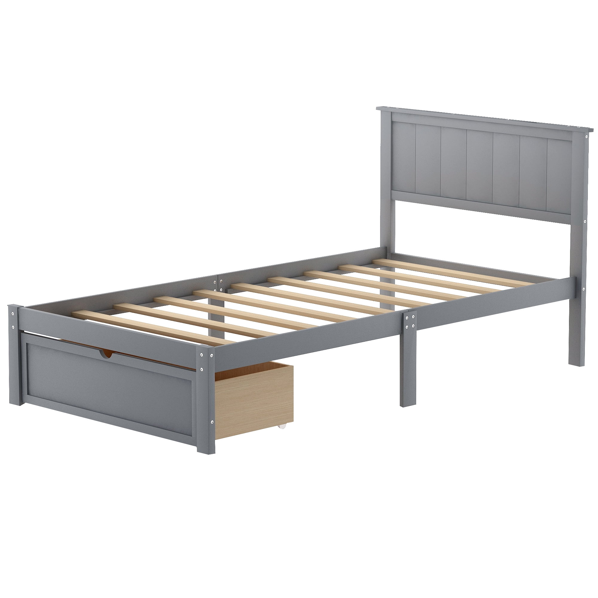 Bellemave Twin Size Bed Frame with Storage Drawers, Twin Wood Platform Bed with Headboard for Kids, Boys & Girls (Gray)
