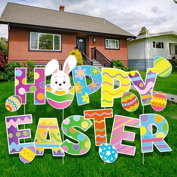 4 Pcs Happy Easter Yard Signs Decorations Outdoor Lawn Decorations Eggs Yard Stake Sign Bunny Outdoor Decorative Stake Signs with 16 Plastic Stakes for Garden Easter Party Supplies Prop