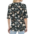 thumbnail image 3 of Women’s Casual Floral Print Five Sleeve Round Neck Button Half Sleeve Top Loose Fit Lightweight Blouse for Daily Wear Black L, 3 of 4