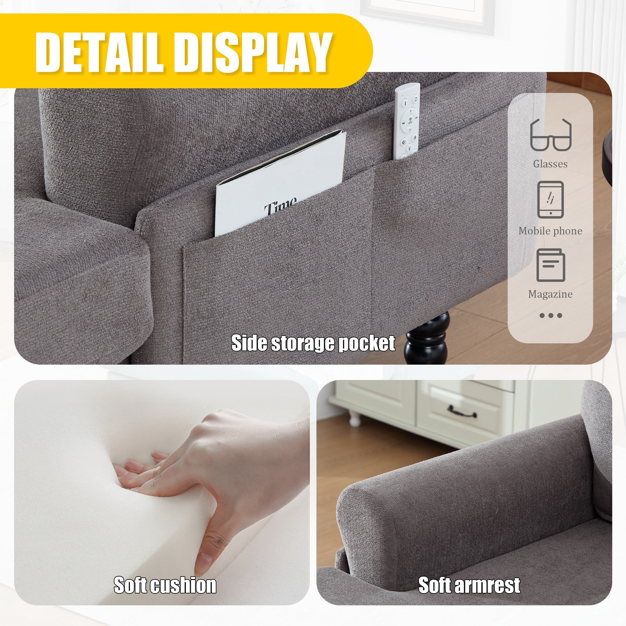 Sailvan Modern Chenille Chaise Lounge Indoor Recliner Chair Single Sofa with Storage Pocket & Solid Wood Legs Dark Gray
