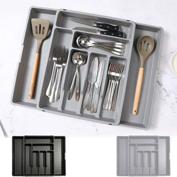 Bandeja Organizadora de Cubiertos de Cajón Expandible | Caja de almacenamiento de cubiertos de cocina | Caddy de Servidor de Utensilios Ajustable | Polipropileno | Compartimentos segmentados
