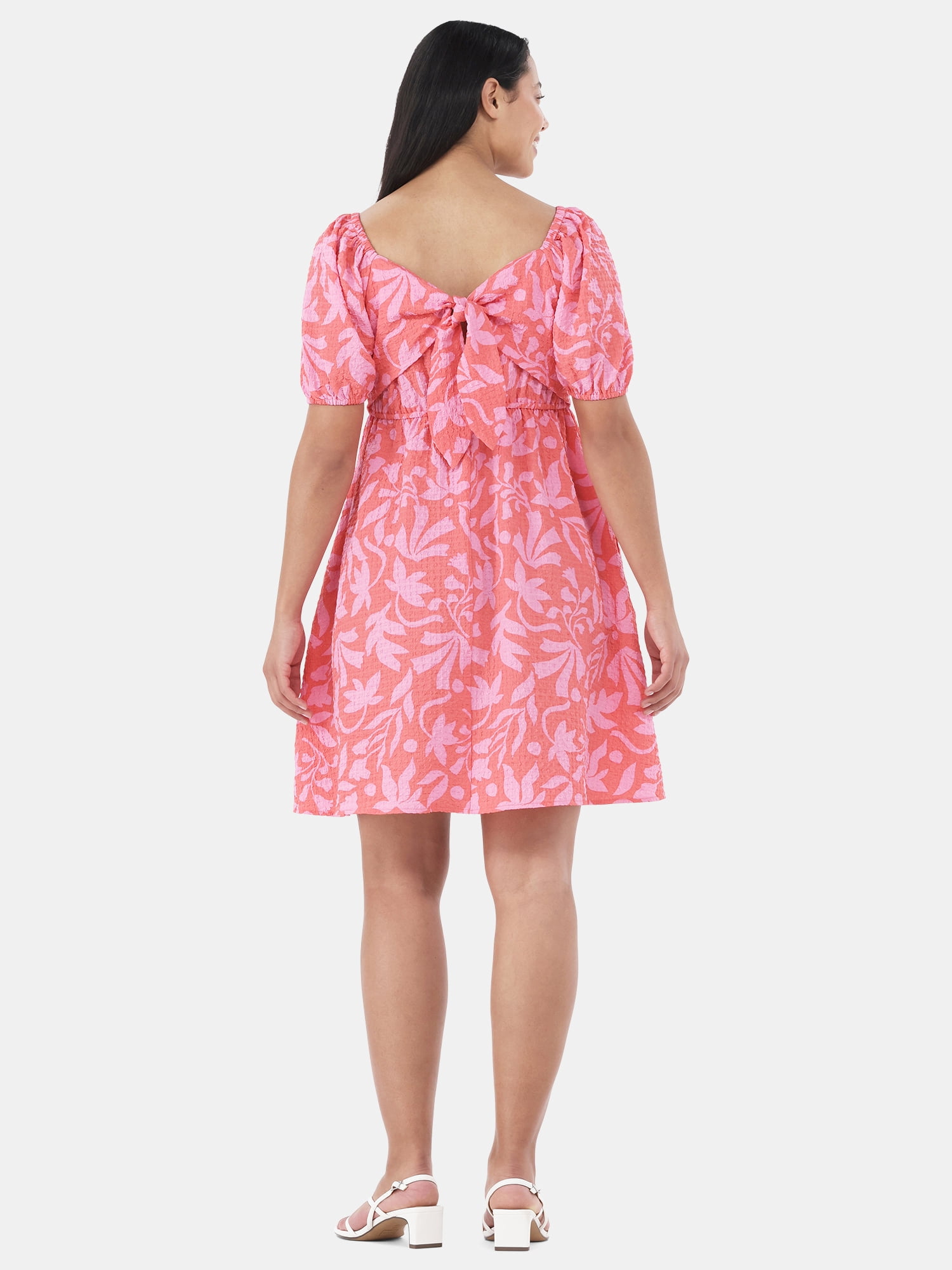 Time and Tru Women's and Women's Plus Tie Back Mini Dress with Puff Sleeves, Sizes XS-4X