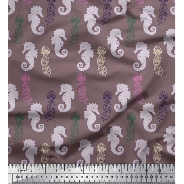 Soimoi Rayon Fabric Jellyfish & Seahorse Ocean Decor Fabric Printed Yard 56 Inch Wide