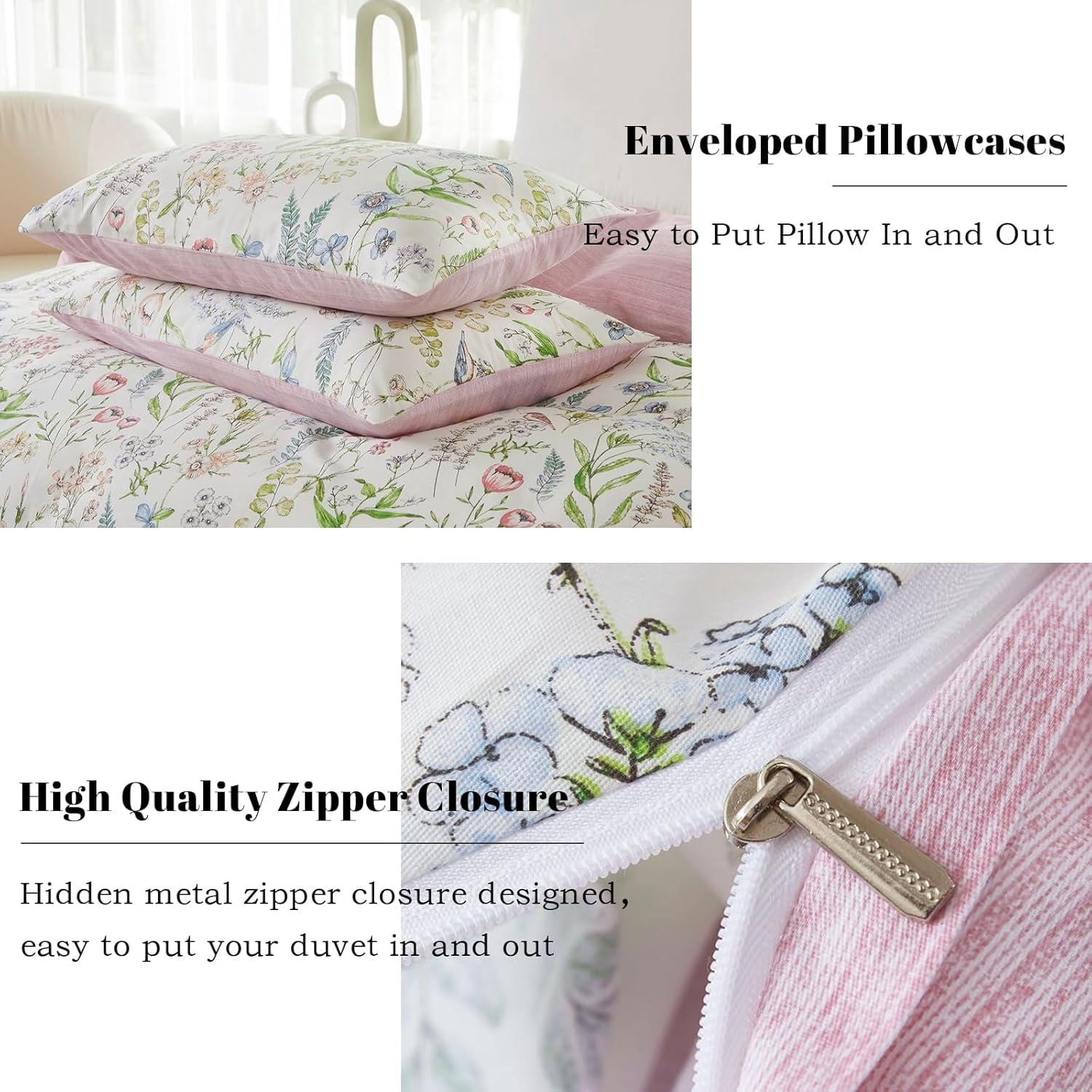 Nayoroom 100% Organic Cotton Duvet Cover Set, 3 Pieces Colorful Flowers White Duvet Cover Reversible Soft Bedding Set Queen
