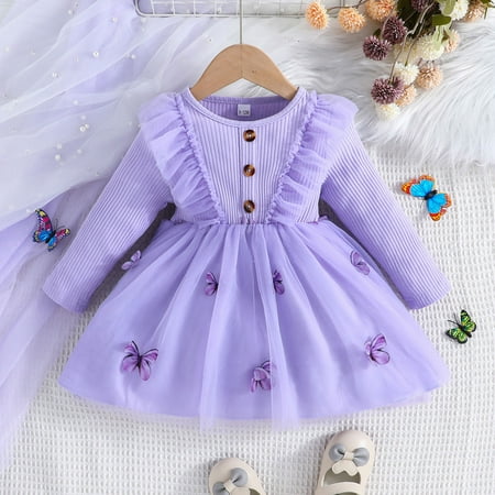 

Hbdhejl Toddler Girls Dress Long Sleeve Butterfly Embroidery Tulle Ruffles Dress Dance Party Dresses Clothes Purple 2-3 Years