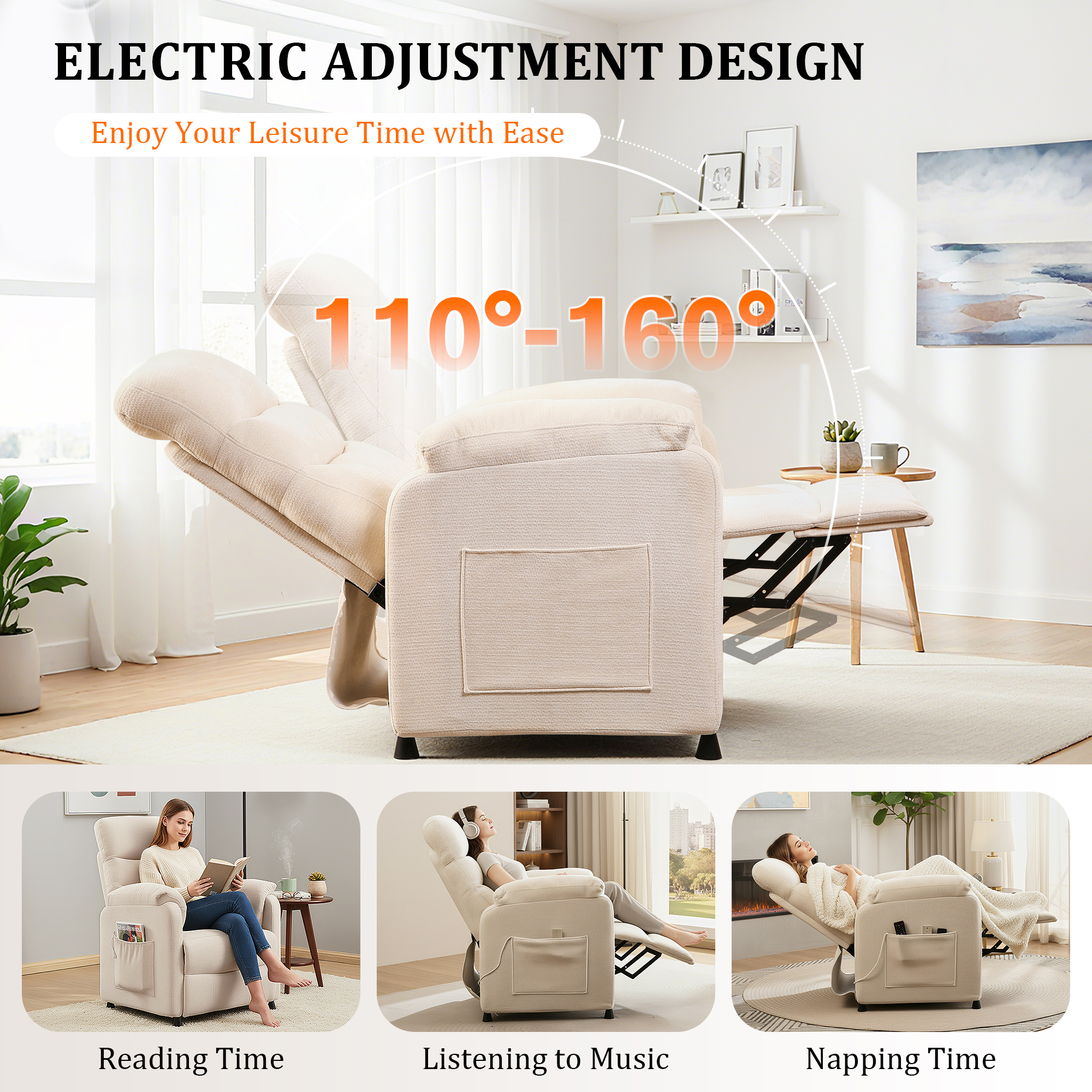 Miniyam Electric Recliner in White with 7-Zone Support & Silent Motor, Wired Remote & Plush Padding for Modern Living Room