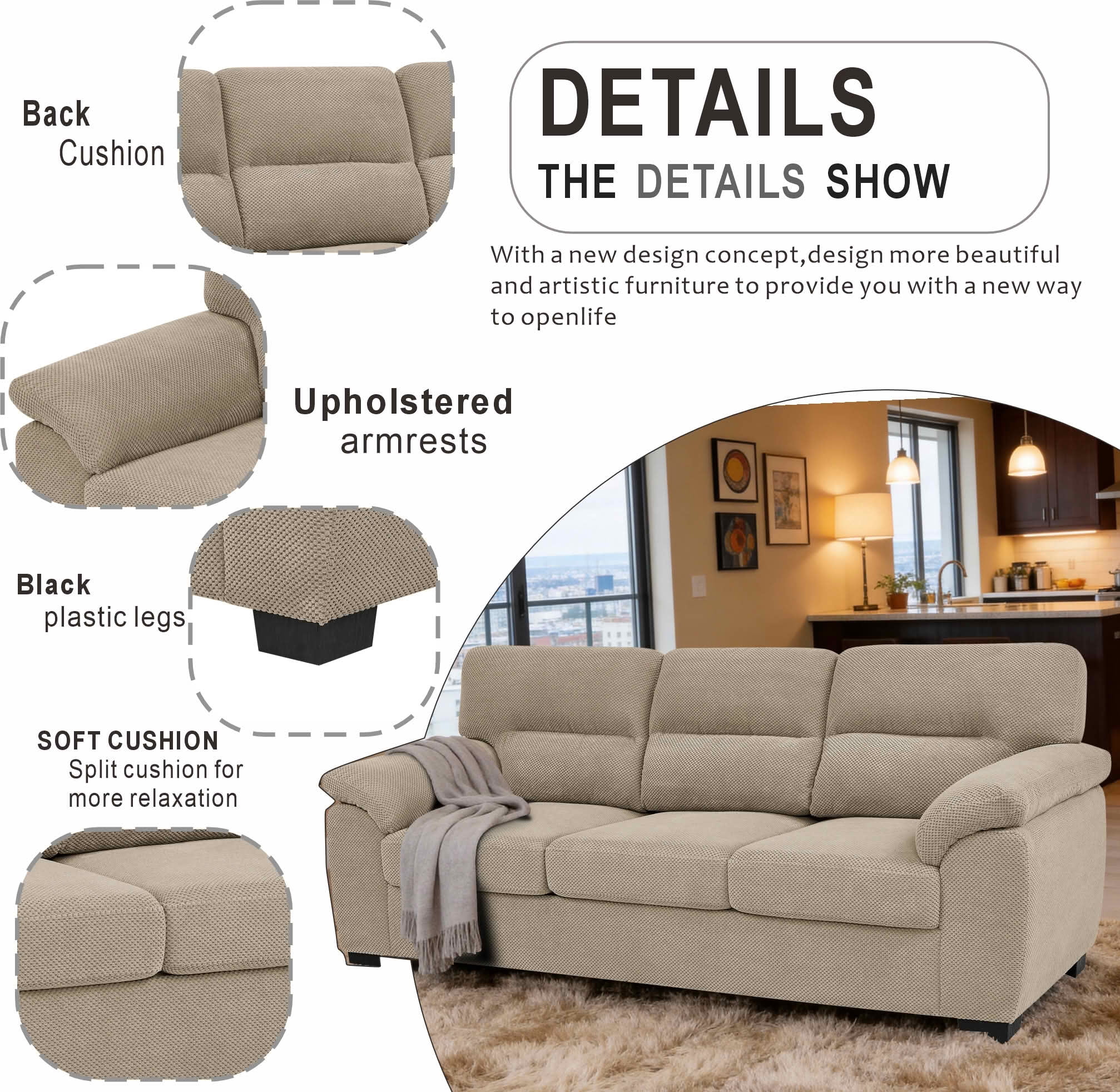 MAYEERTY 81 Inch 3‑Seater Sofa, Modern Textured Fabric Couch with Plush Track Arms & Solid Wood Frame for Living Room