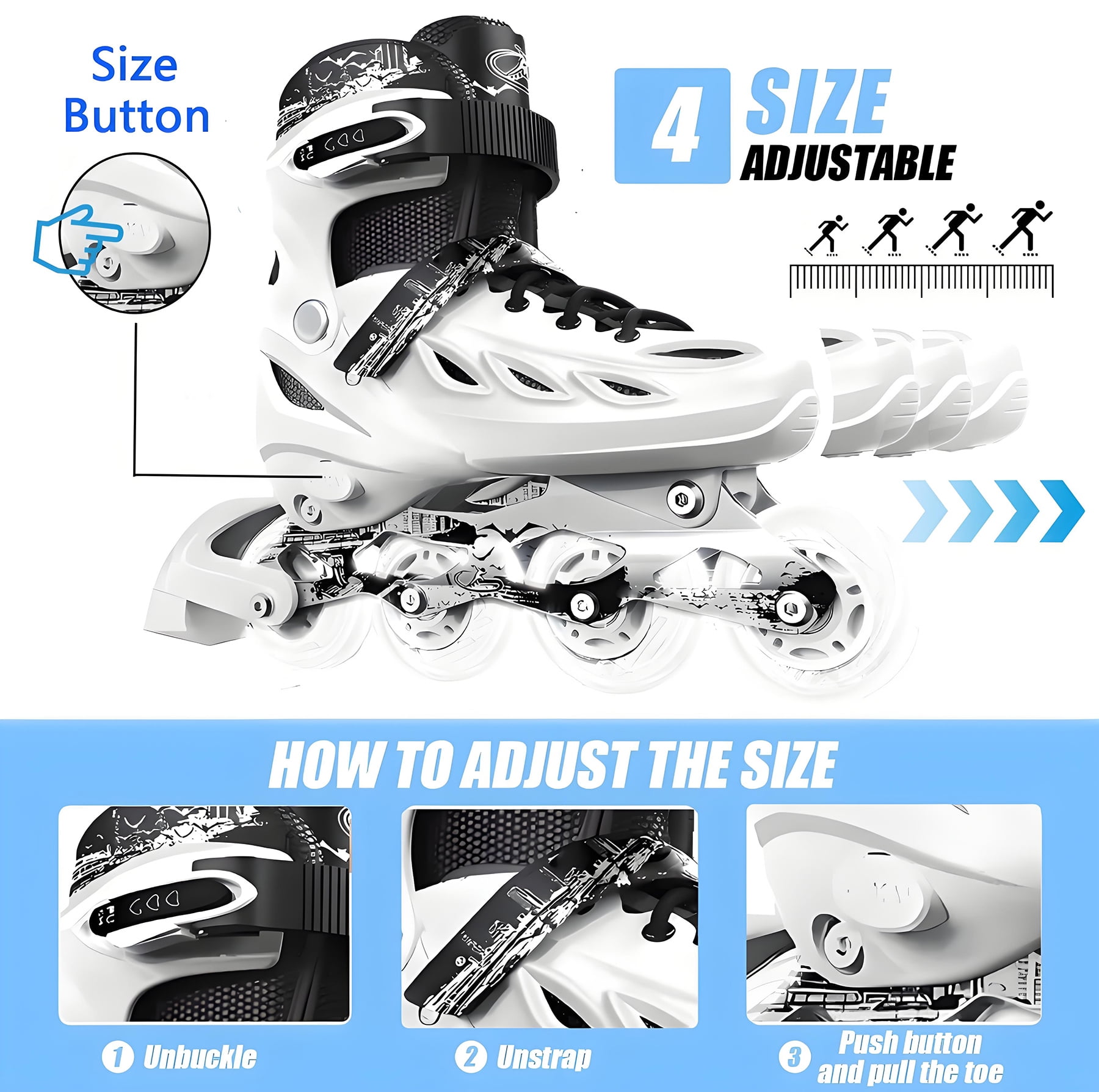 LPAMEOIU Youth Inline Skates with Light-Up-Wheel,Adjustable-Size Roller Skates for Girl Boy Teen(White,M)