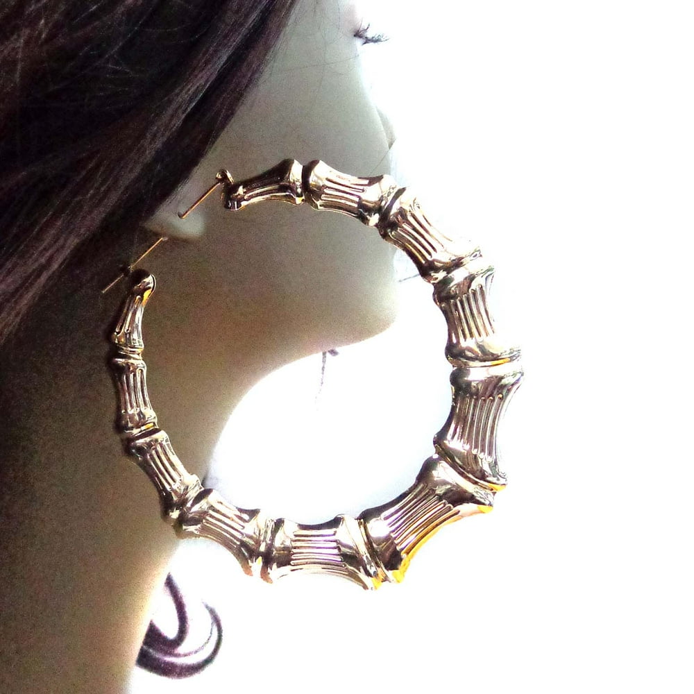 Fashion Jewelry Extra Large Bamboo Hoop Earrings Gold Tone 4 inch
