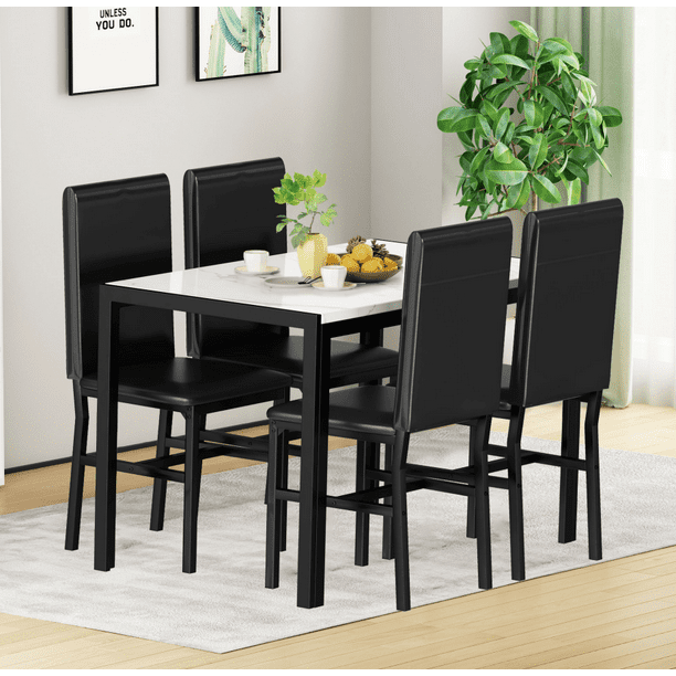 5Piece Dining Table Set for 4, Kitchen Table Set with Chairs, White Marble Top Table & Leather