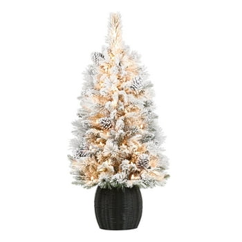 Ournal Holiday Time 3.5ft Pre-Lit Flocked Dakota Artificial Christmas Tree, Green, 3.5', Clear