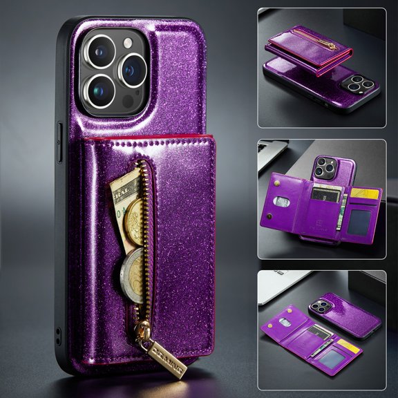 Feishell for iPhone 11 Pro Wallet Case, Card Slots Zipper Pocket 2 in 1 Phone Cover with Kickstand, Sparkle Luxury PU Leather Magnetic TPU Anti-Scratches Shockproof Protective Case,Darkpurple