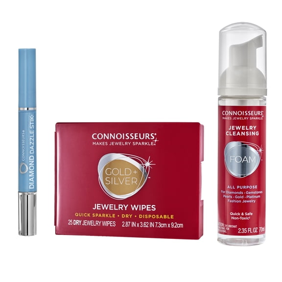 Connoisseurs Jewelry Cleaning Kit with Jewelry Wipes, Diamond Dazzle Stik, and Cleansing Foam