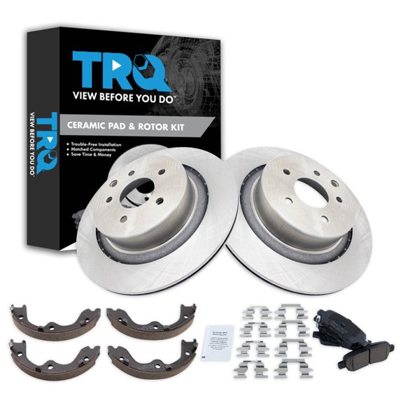 TRQ Rear Brake Pad & Rotor Kit Brake Pads Brake Rotor Parking Brake Shoe Set Ceramic Fits Select 2008-2013 INFINITI G37 2014-2015 Q60