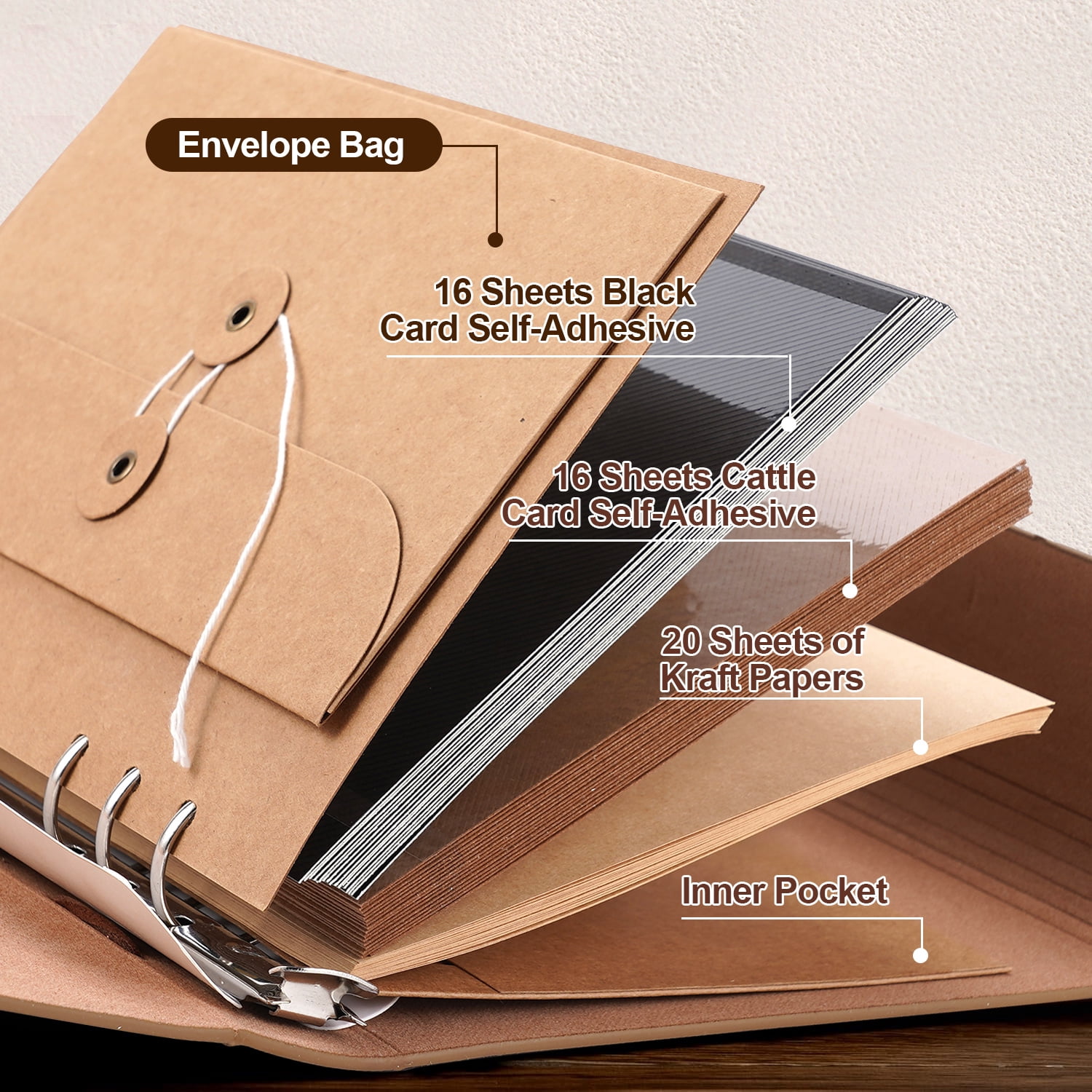 TJT 104 Pages Scrapbook Album, Self Adhesive Photo Album DIY Photo Book, Leather Memory Book for Wedding Baby Family Travel Birthday Christmas Khaki
