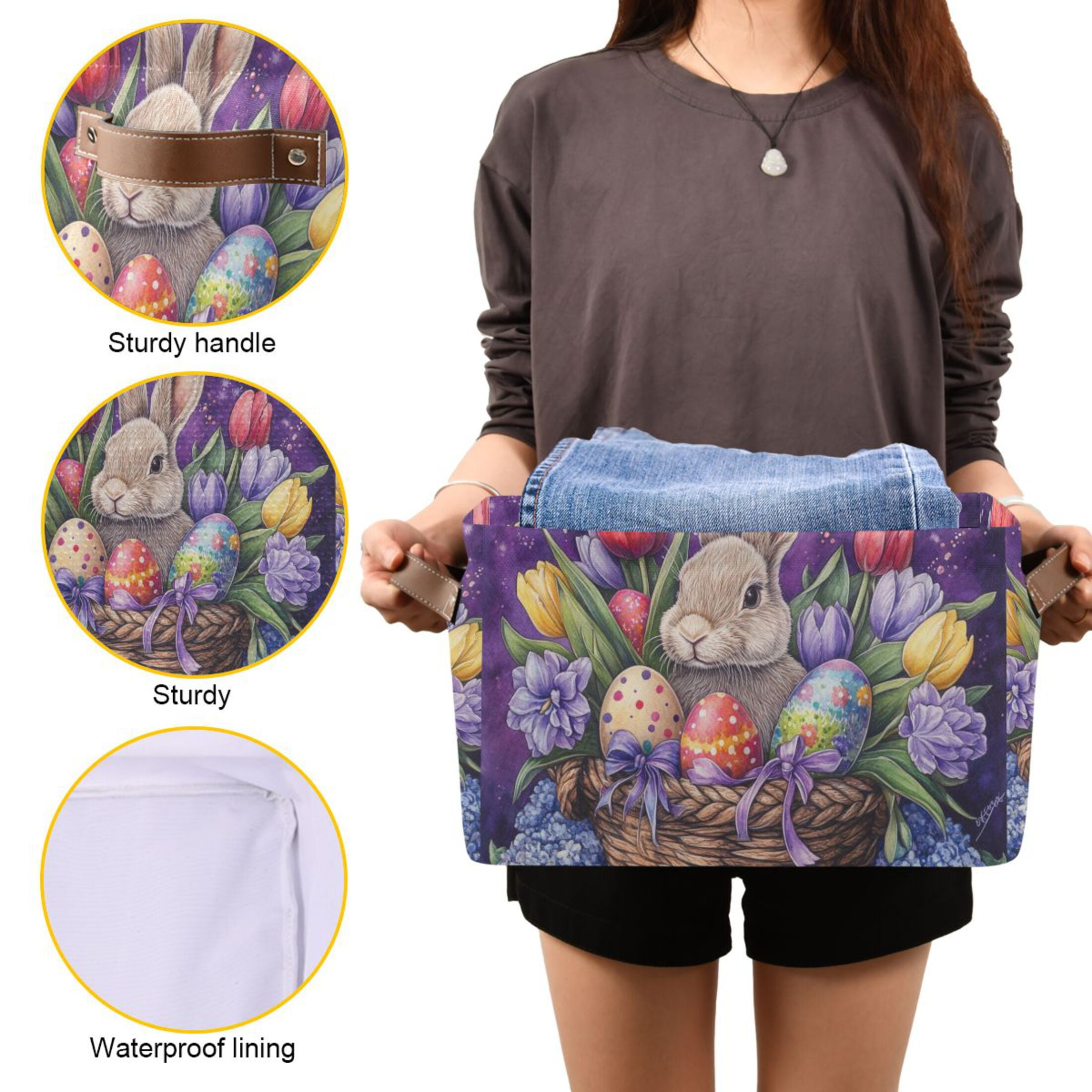 WOBOGO Easter Rabbit Purple Pattern Square Storage Basket with Waterproof Canvas and PE Lining Durable PU Leather Handles 14.2×10.2×8.3in