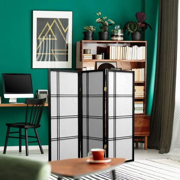 4 ft. Tall Japanese Design Double Cross Lattice Screen - Black - 3 Panels
