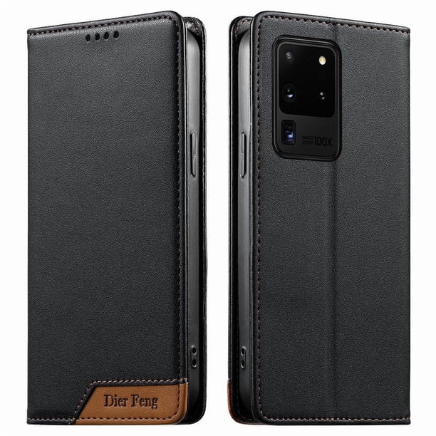 Funda Tipo Cartera de Cuero Sintético para Samsung Galaxy S20 Ultra Bloqueo RFID, con Ranuras para Tarjetas y Bolsillo para Efectivo, Cierre Magnético Fuerte Negro