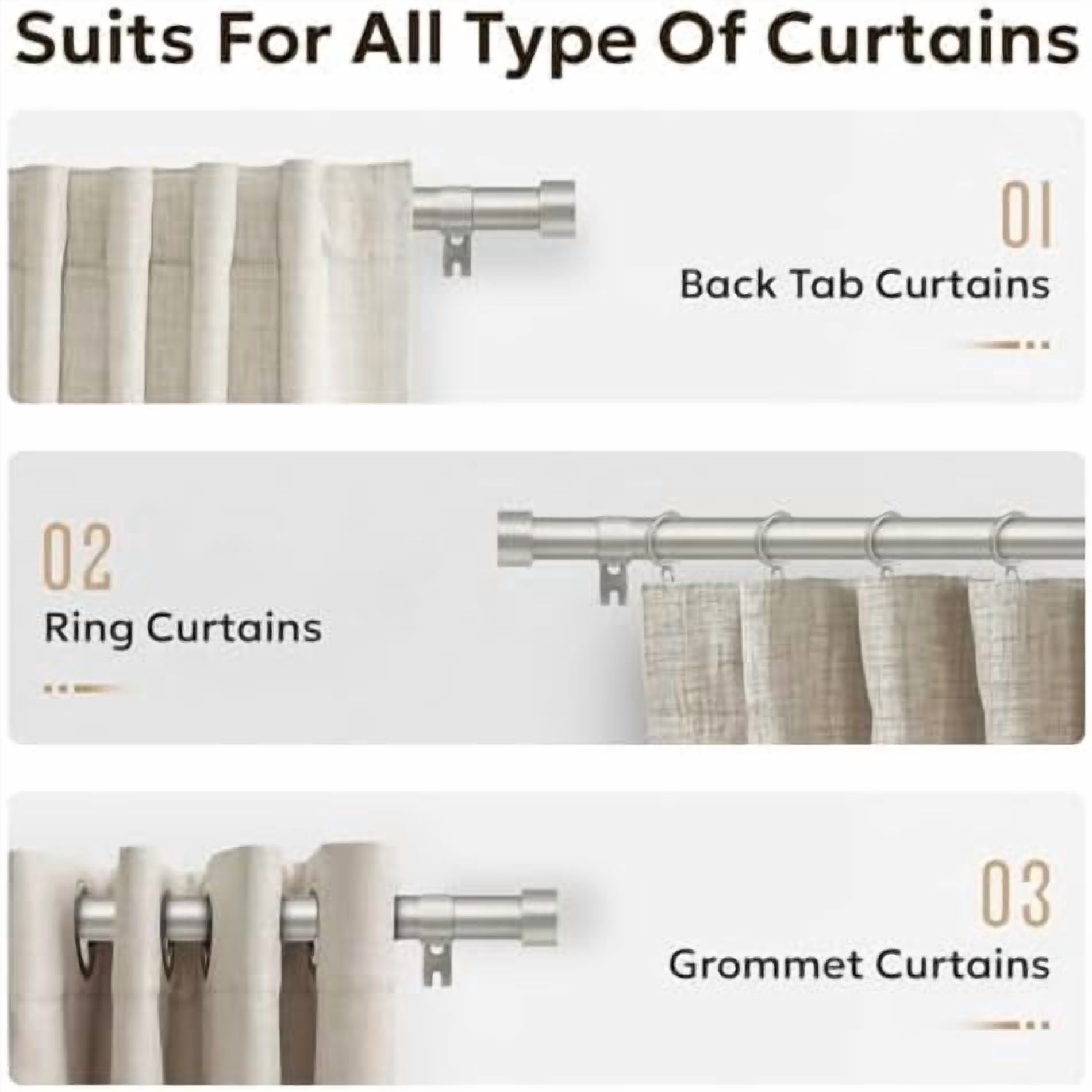 Curtain Rods for Windows 32 to 48, Brushed Nickel Curtain Rod, Adjustable 1 Inch Heavy Duty Outdoor/Indoor Modern Drapery Pole, 32"-48"