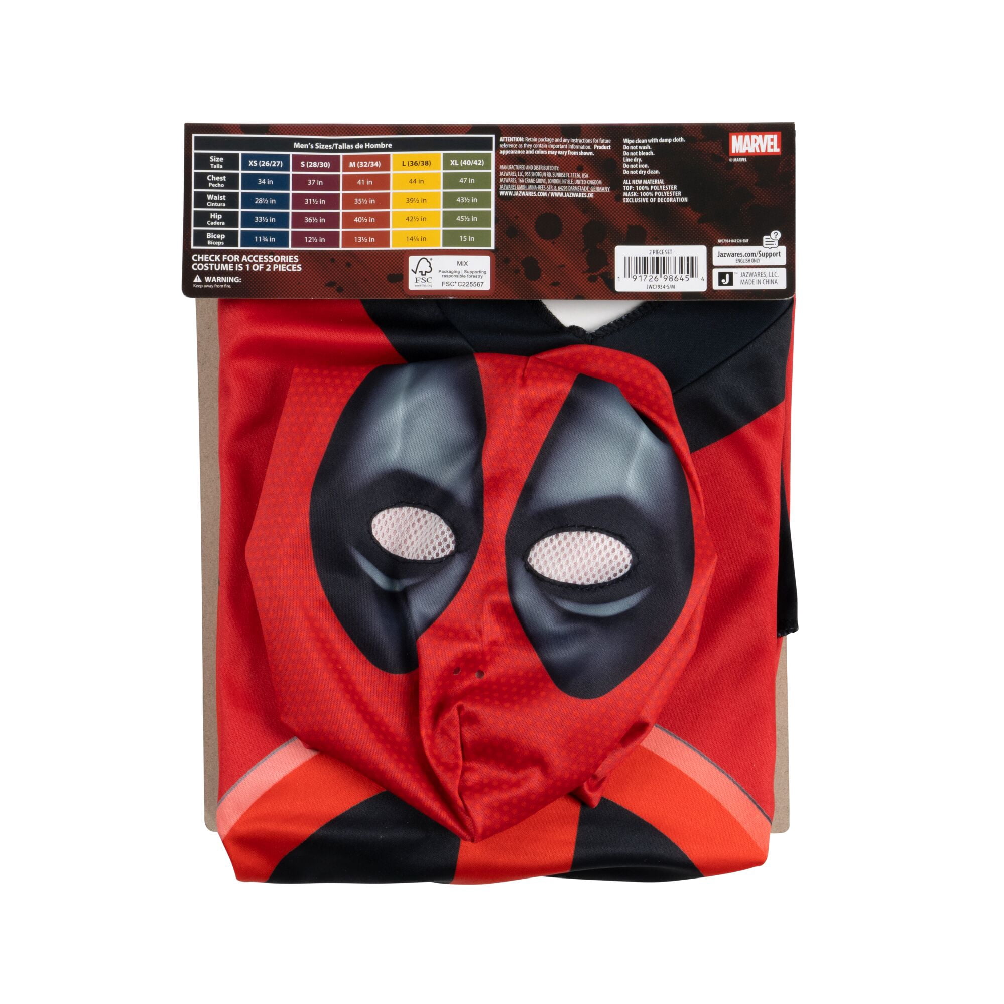 Marvel Deadpool Halloween Costume Top and Mask for Adults, Men's Size L/XL (36-42), by Jazwares