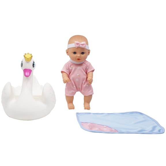 Dream Collection: 10" Bath Time Baby Doll & Swan Floatie Set - Onesie Outfit & Headband, Swaddle Blanket Towel, Hard Body, Water Play Toy Set, Kids 2