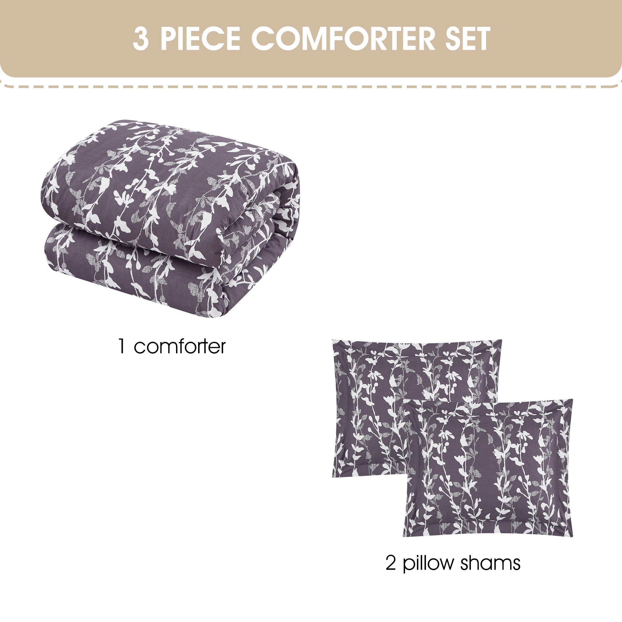 Nanshing 3 Piece Grayish Purple Comforter Set, Queen Size Solid Microfiber Print Bedding Set,All Season Leaves Bedding