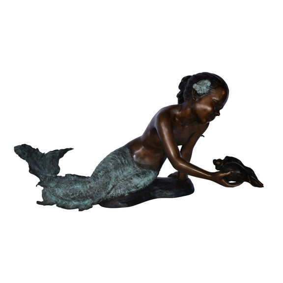 Nifao Little Mermaid Holding Shell Outdoor Fountain Statue, Bronze Garden Water Feature Sculpture for Patio & Garden, 15" x 37" x 20"H