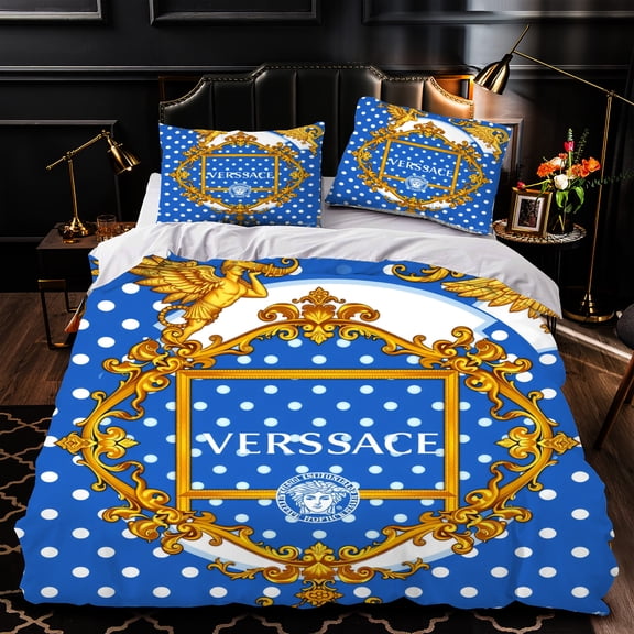 Luxurious 3-Piece Blue & White Polka Dot Duvet Cover Set with Golden Design - Elegant Bedroom Decor
