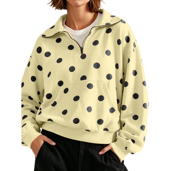 Cute Sweatshirts Baeitkot Women's Polka Half Zip Stand Collar Pullover Sweatshirt Casual Oversized Fleece Cropped Hoodie with Front Kangaroo Pocket