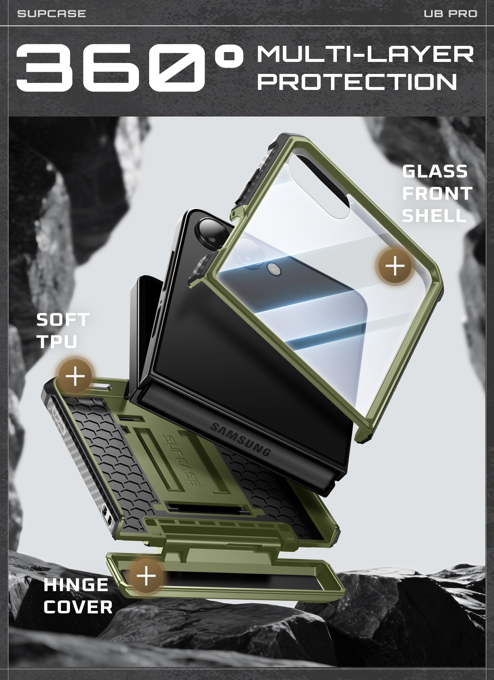 SUPCASE Unicorn Beetle Pro for Samsung Galaxy Z Flip 7 Case with Built-in Stand & Belt-Clip, [Hinge Protection] [Front Tempered Glass Screen Protector] Full Body Military-Grade Phone Cover, Guldan